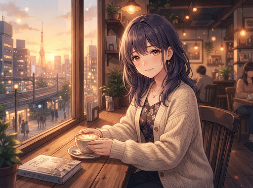 Luna at the cafe during sunset in Tokyo