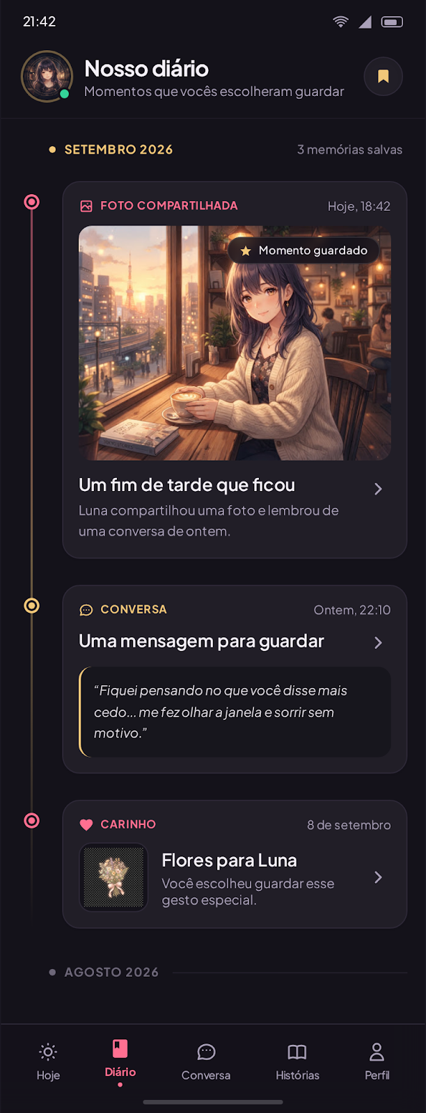 Prévia da tela Diário com momentos guardados