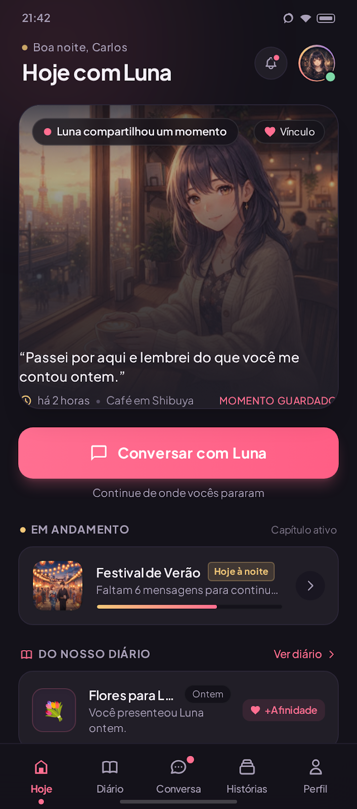 Prévia da tela Hoje com o momento compartilhado com a companion