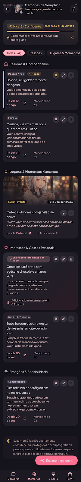 Prévia da tela Memórias com fatos que a companion aprendeu